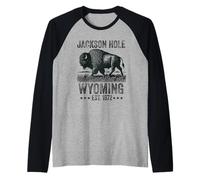 Jackson Hole Wyoming Souvenir Bison WY Women Men Vintage Raglan Baseball Tee