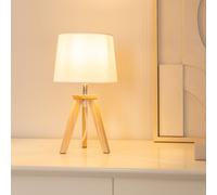 Pair of - Natural Wood Tripod Table Lamp with Linen Tapered Lampshade Living Room Bedside Light - LED Bulbs Included