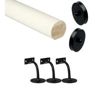 Jackson Woodturners Primed Mopstick Handrail Kit Ready to Paint with Black Brackets & Slim End Caps - Stair Handrail Set 1.8m 2.4m 3.6m 4.2m (1800mm + 3 Wall Brackets)