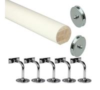Jackson Woodturners Primed Mopstick Handrail Kit Ready to Paint with Chrome Brackets & Slim End Caps - Stair Handrail Set 1.8m 2.4m 3.6m 4.2m (4200mm + 5 Wall Brackets)