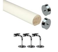 Jackson Woodturners White Primed Mopstick Handrail Kit with Chrome Wall Brackets & End Caps, Paintable Round Wooden Stair Rail for Staircase, Hallway & Landing (2400mm + 3 Wall Brackets)