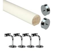 Jackson Woodturners White Primed Mopstick Handrail Kit with Chrome Wall Brackets & End Caps, Paintable Round Wooden Stair Rail for Staircase, Hallway & Landing (3600mm + 4 Wall Brackets)