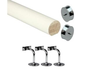 Jackson Woodturners White Primed Mopstick Handrail Kit with Chrome Wall Brackets & End Caps, Paintable Round Wooden Stair Rail for Staircase, Hallway & Landing (1800mm + 3 Wall Brackets)