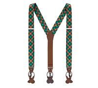Jacob Alexander Men's Checkered Plaid Pattern Suspenders Braces Convertible Leather Ends and Clips - Green Orange