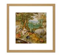 Jacob Hoefnagel Orpheus Charming The Animals Cropped 8X8 Inch Square Wooden Framed Wall Art Print Picture with Mount Artery8 Light Oak One Size