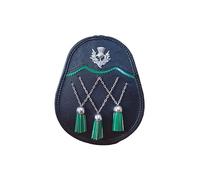 Jacobite Black Leather Sporran - 100% Cowhide Fur with Silver Brass Zik Zak Chain & 3 Green Tassels - Scottish Highland Dress Pouch - Includes Adjustable Leather & Metal Belt