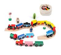 Jacootoys 31 PCS Wooden Train Car Magnetic Train Set 15Cars 10Tracks 6Bonus