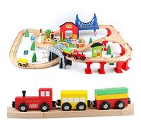 Jacootoys 80PCS Wooden Train Tracks Set Magnetic Trains Educational Construction Toy Wooden Car Tracks Vehicles for Kids 3+ Years Old Girls Boys