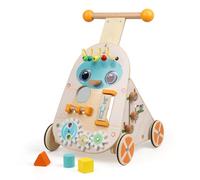 Jacootoys Wooden Activity Walker, Adjustable Speed Toddler Push Walker Activity Center Toy, Wooden Baby Walker Push and Pull Learning Walker with 7 Educational Activities for Boys Girls 1 2 3 Year