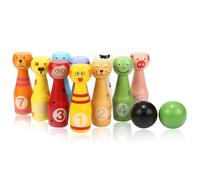 Jacootoys Wooden Bowling Set Skittles Toys with 10 Animal Pins 2 Balls
