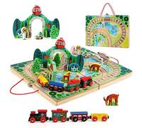 Jacootoys Wooden Take-Along Tabletop Railroad,4 Trains, Play Pieces, Bridge for Ages 3+ Girls Boys Gifts 18 PCS