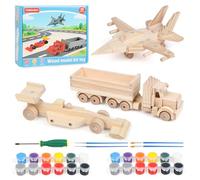 Jacootoys Woodworking Building Kit for Kids, 3Pack DIY Wooden Model Building Kit, Kids STEM Projects Set, Wood Crafts Assembly Toy with Paints & Brushes for Boys and Girls-Fighter Jet Truck Race Car