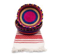 Jacq & Jürgen - 3 Pack Crown Tortilla Baskets with 1 Cotton Tortilla Cloth - Handwoven Palm Tortillero Bundle, Traditional Mexican Kitchen Décor (RainBow)
