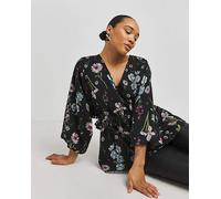 Jacquard Ruffle Detail Wrap Top Black Floral 10