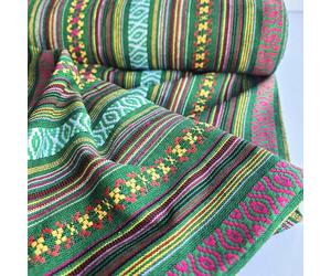 Jacquard Tapestry Woven Fabric Made from Recycled Fibres - Aztec Geometric Stripe Patterns Green & Pink - PER METRE