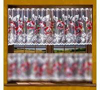 Jacquard White Kitchen Cafe Net Curtain Red Poppies pattern Sold by the metre (28" (70cm))