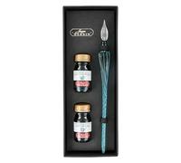 Jacques Herbin 29337T - Box with 2 10 ml inks, Vert de gris and Bleu calanque, and an emerald glass pen - Made in France - Calligraphy - Drawing - Gift set