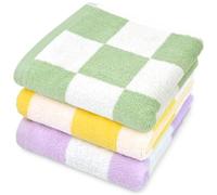 Jacquotha Checkered Hand Towels for Bathroom, Cotton 3-Piece Decorative Kitchen Towels, Guest, Gym in Sage Green, Yellow, Lavender, 13x28 Inches