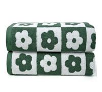 Jacquotha Green Bath Towels Set of 2 Checkered Floral - Quick Dry Cotton Towels Decorative Bathroom Essentials for Women Men Kids 27.5x55 Inches
