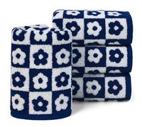 Jacquotha Hand Towels Navy Blue & White - Checkered Floral Decorative Hand Towel Set of 4, 100% Cotton, 13x29 Inches