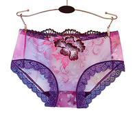 JACTZ Panties Plus Size Panties Women Lace Seamless Underwear Flowers Embroidery Skin-Friendly Transparent Briefs Lingerie Female-Purple,M