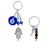 Jaczora 2PCS Evil Eye Keychain for Women,Natural Crystal Triple Protection Stone Key Chain,Good Luck Amulet,for Purse Bag Car Anxiety Protection Gifts
