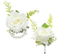 Jaczora 2PCS White Rose Wrist Flowers for Women and Buttonhole Corsages for Men Handmade, Artificial Rose Flowers for Ceremony Prom Party Accessories