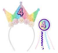 Jaczora 4th Birthday Decorations and Badge for Women, 4-Year-Old Rainbow Happy Birthday Decorations Flower Crown Princess Tiara Hair Accessory, Girls Gift Party Supplies