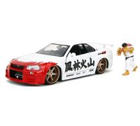 Jada Street Fighter 2002 Nissan Skyline GTR with Ryu Figure - 1:24 Scale Die-Cast, Opening Doors, Hood, Trunk, Rubber Tires - Collectible for Adults and Kids - Capcom Licensed