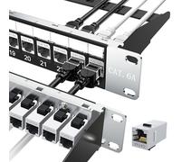 Jadaol [UL Listed] 24-Port Shielded Cat6A Patch Panel, 19” 1U Rackmount/Wall Mount Feed-Through RJ45 Panel with 24 Preloaded Shielded Keystone Couplers + 1 Spare, Up to 10Gbps, Cable Management Bar