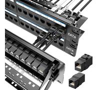 Jadaol [UL Listed] 48 Port Patch Panel Rackmount or Wall Mount 19-Inch, 2U Cat 6 Network Panel Preloaded with 48 Keystone Couplers Plus 2 Spare, 10Gbps Ethernet Panel with Cable Management & Back Bar