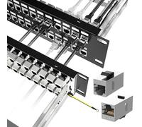 Jadaol [UL Listed] 48-Port Shielded Cat6A Patch Panel, 19” 2U Rackmount/Wall Mount Feed-Through RJ45 Panel with 48 Preloaded Shielded Keystone Couplers + 2 Spare, Up to 10Gbps, Cable Management Bar