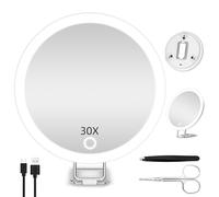 Jadazror LED Compact 30X Magnifying Mirror with Light, 15cm Travel Mirror, Rechargeable Illuminated Makeup Mirror, Portable Gift
