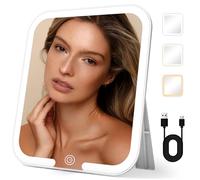 Jadazror Travel Makeup Mirror with Light, Large Lighted Makeup Mirror 9.2x8inch Tabletop Vanity Mirror with Lights, Rechargeable Desktop Cosmetic Mirror with 360° Rotatable Stand, 3 Color Lighting