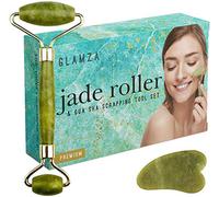 Jade Face Roller - GLAMZA Double Ended Facial Roller & Gua Sha Massage Tool - Stimulates Lymphatic Drainage, Improving Skin-Tone & Reducing Fine Lines & Wrinkles
