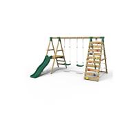(Jade, Green) Rebo Wooden Swing Set with Deck and Slide plus Up and Over Climbing Wall