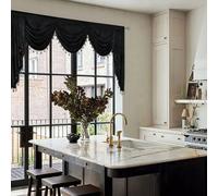 JADE POKE Velvet Waterfall Valance for Bedroom, Black Beads Valance for Window - Swag Valances for Living Room Rod Pocket Valances with Tassels for Kitchen (1 Panel, Black, W89 Inch)