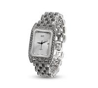 JadeAngel Women's Rectangular Watch Luxury 925 Sterling Silver Jewelry Ladies Wrist Watch Pave Marcasite Fine Jewelry (White)