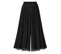 JadeRich Women Elegant Pleated Calf Length Wide Leg Palazzo Pants Elastic Waist Chiffon Loose Boho Trousers Black