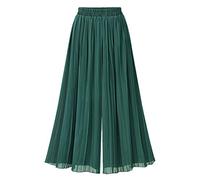 JadeRich Women Elegant Pleated Calf Length Wide Leg Palazzo Pants Elastic Waist Chiffon Loose Boho Trousers Dark Green