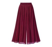 JadeRich Women Elegant Pleated Calf Length Wide Leg Palazzo Pants Elastic Waist Chiffon Loose Boho Trousers Wine Red