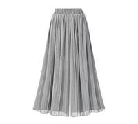 JadeRich Women Elegant Pleated Calf Length Wide Leg Palazzo Pants Elastic Waist Chiffon Loose Boho Trousers Grey