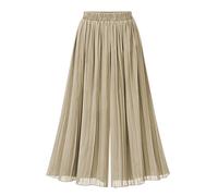 JadeRich Women Elegant Pleated Calf Length Wide Leg Palazzo Pants Elastic Waist Chiffon Loose Boho Trousers Khaki
