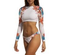 JadeRich Women Long Sleeve Crop Top Two Piece Cheeky High Cut Thong Bikini Swimsuit Floral Rash Guard Bathing, Orange, Medium