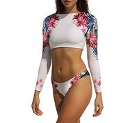 JadeRich Women Long Sleeve Crop Top Two Piece Cheeky High Cut Thong Bikini Swimsuit Floral Rash Guard Bathing, Blue, S