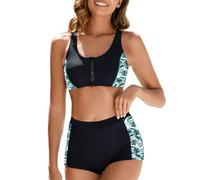 JadeRich Women's Two Piece Sports Bikini Set Athletic Zip Front Swimsuit Racerback Crop Top & Boy Shorts Swimwear, Black/Leaf, XL