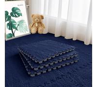 Jaderlu 16pcs 0.6" Thickened Interlocking Tile Mats,Fluffy Shaggy Soft EVA Foam Area Rug for Living Room&Bedroom,Non-Slip Protective Floor Carpet Play Mat Kids Baby Dorm Home Decor 11.8ft (Navy Blue)