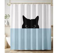 JADERYS Funny Cat Shower Curtain Cartoon Cute Pet Animal Black Cat White Blue Art Print Waterproof Bath Curtain for Bathroom Decor with 12 Hooks 66x72 Inch