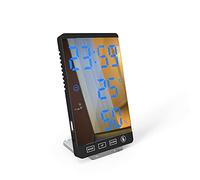 Jadeshay Digital Alarm Clock 6 inch LED Mirror Alarm Clock Touch Wall Digital Clock Time Temperature Humidity Display (Black frame with blue numbers)