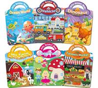 Jadeso 6-piece Reusable Sticker Books for Children Aged 2, 3 and 4, 3D Puffy Stickers Featuring Dinosaurs,Ocean,Fairy Tale, Vehicles, Party Favours for Children's Birthdays, Weddings and Guest Gifts